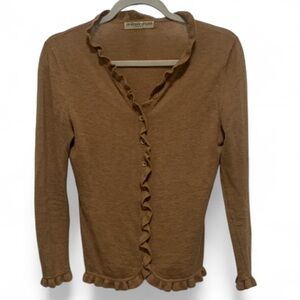 Johnstons of Elgin Tan Ruffle Trim Cashmere Cardigan Sweater